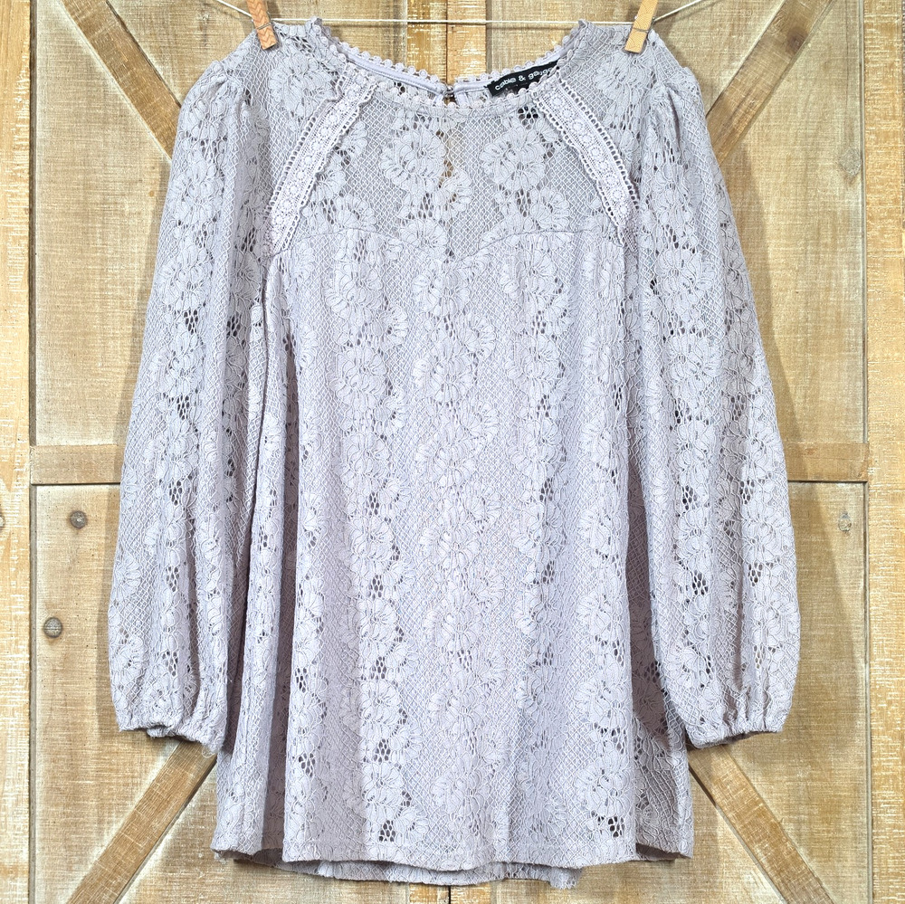 Cable & Gauge Lace Top Large Long Sleeve Romantic Victorian Muted Soft Lavender